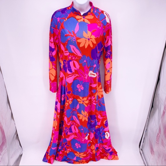 Vintage Dresses & Skirts - VINTAGE 60s Floral Long Sleeve Maxi Dress Sz M/L